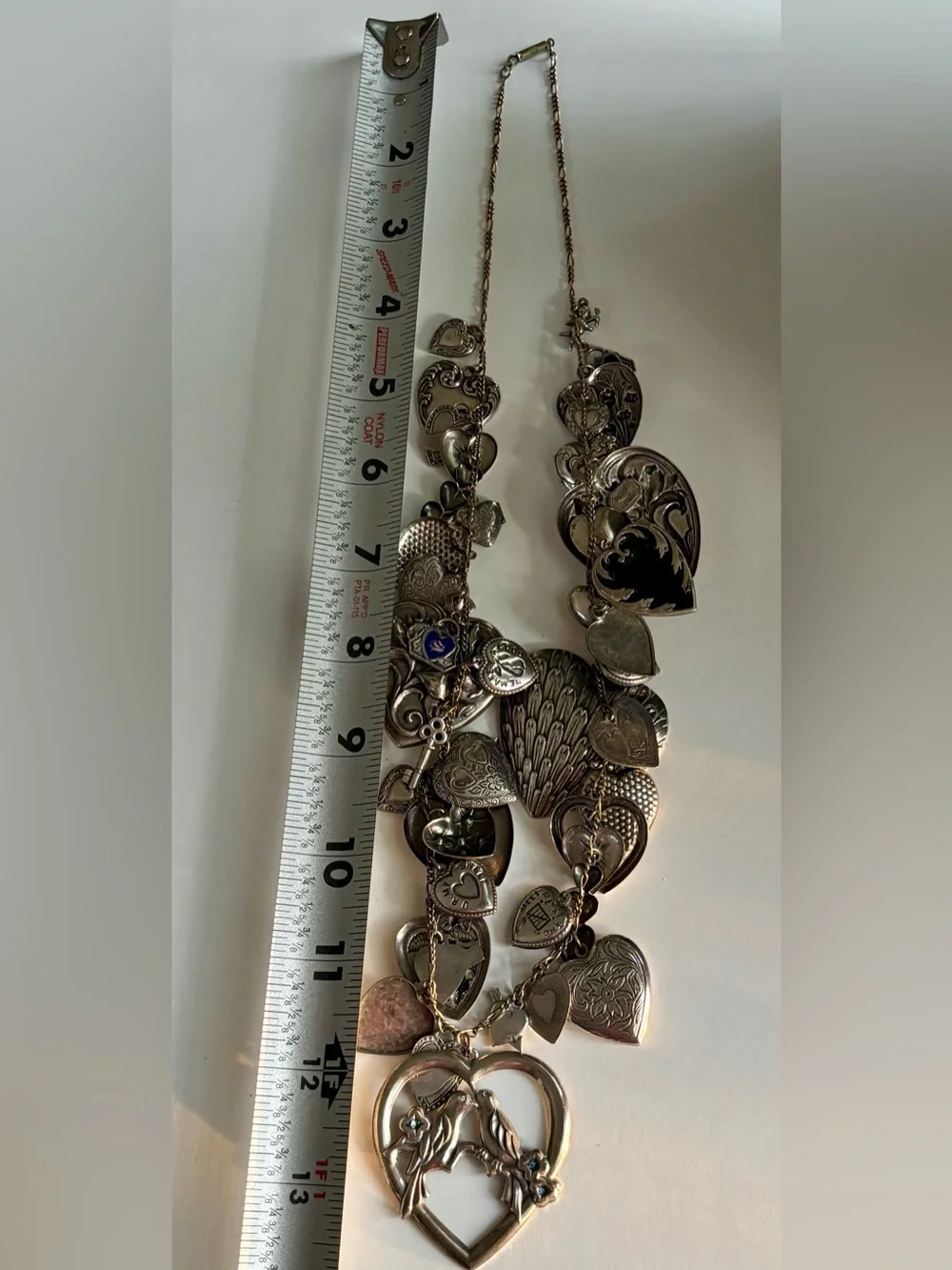 Vintage Pididdly Links Silver Heart Charm Locket Statement Necklace 24”